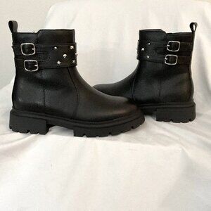 Sonoma NWOB vegan black leather ankle boots silver metallic buckle & rivets 6.5